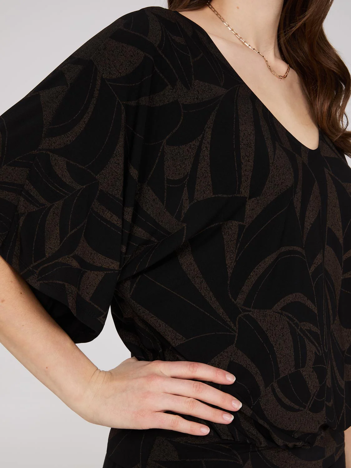 Foliage Print V-Neck Kimono Sleeve Top