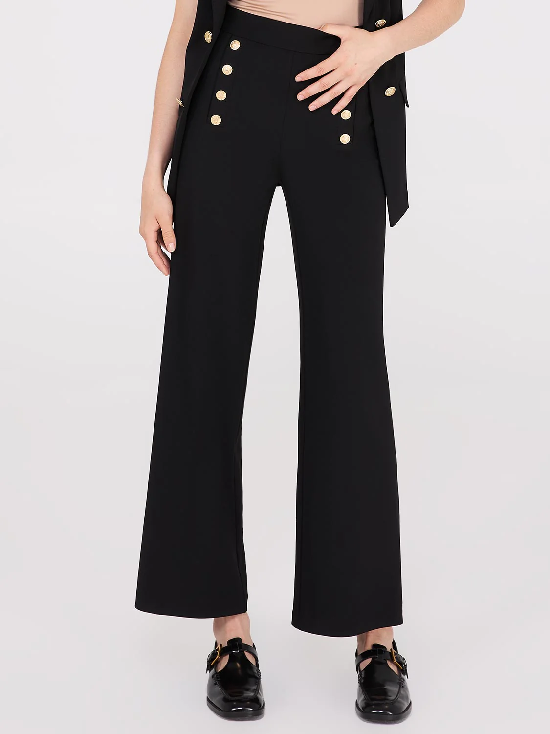 Wide-Leg Ankle Length Pants With Gold Button Details