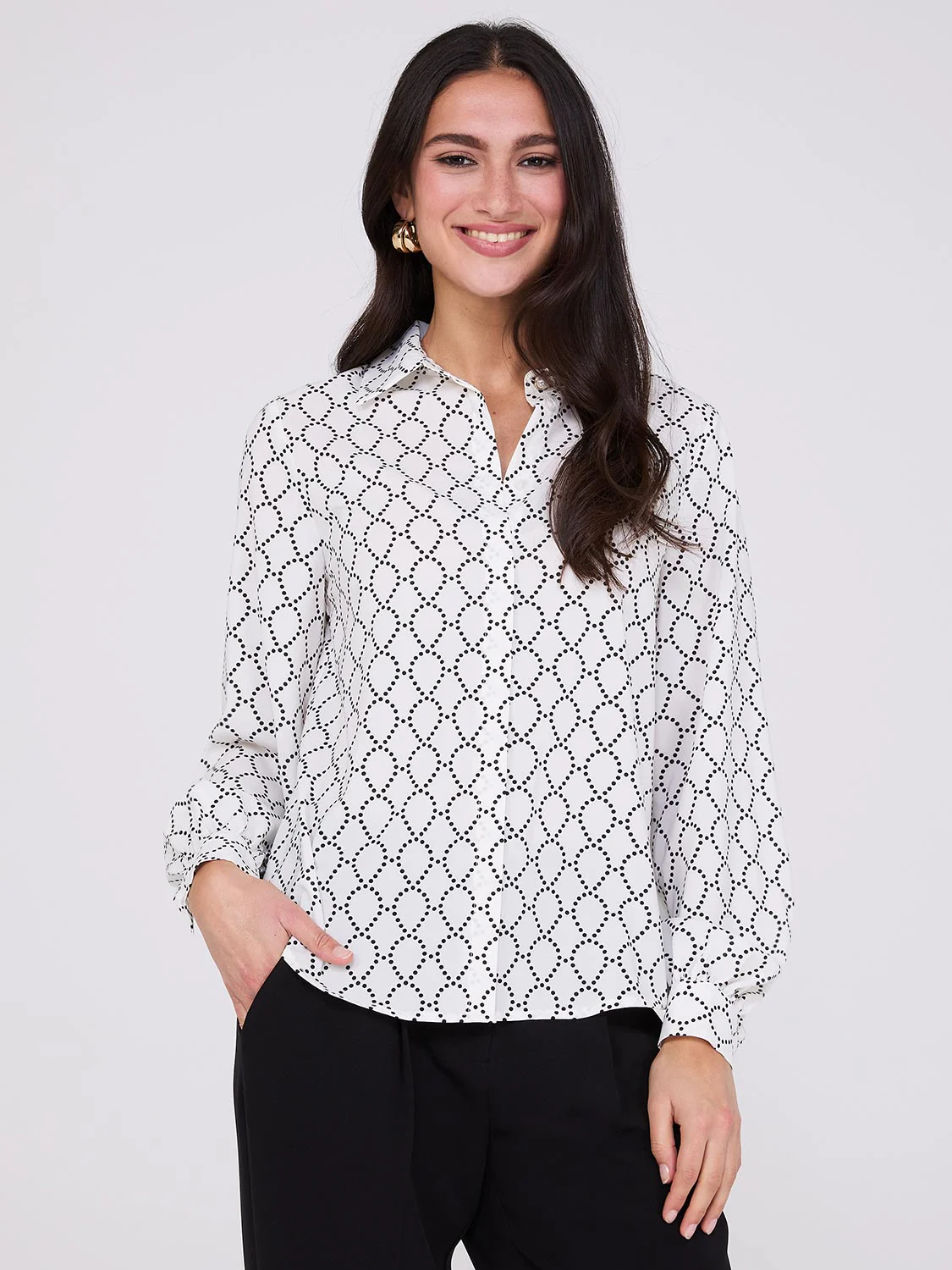 Silky Print Button-Front Blouse