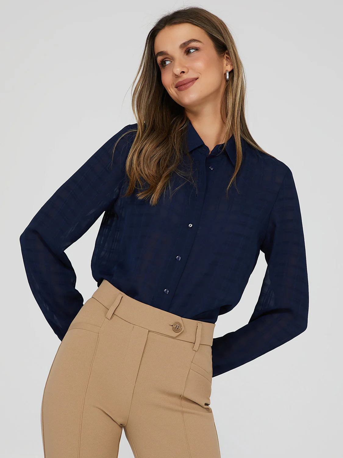 Tonal Check Sheer Button Down Blouse