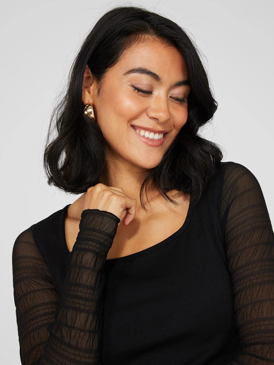 Textured Crepe Scoop Neck Top With Smocked Mesh Sleeves