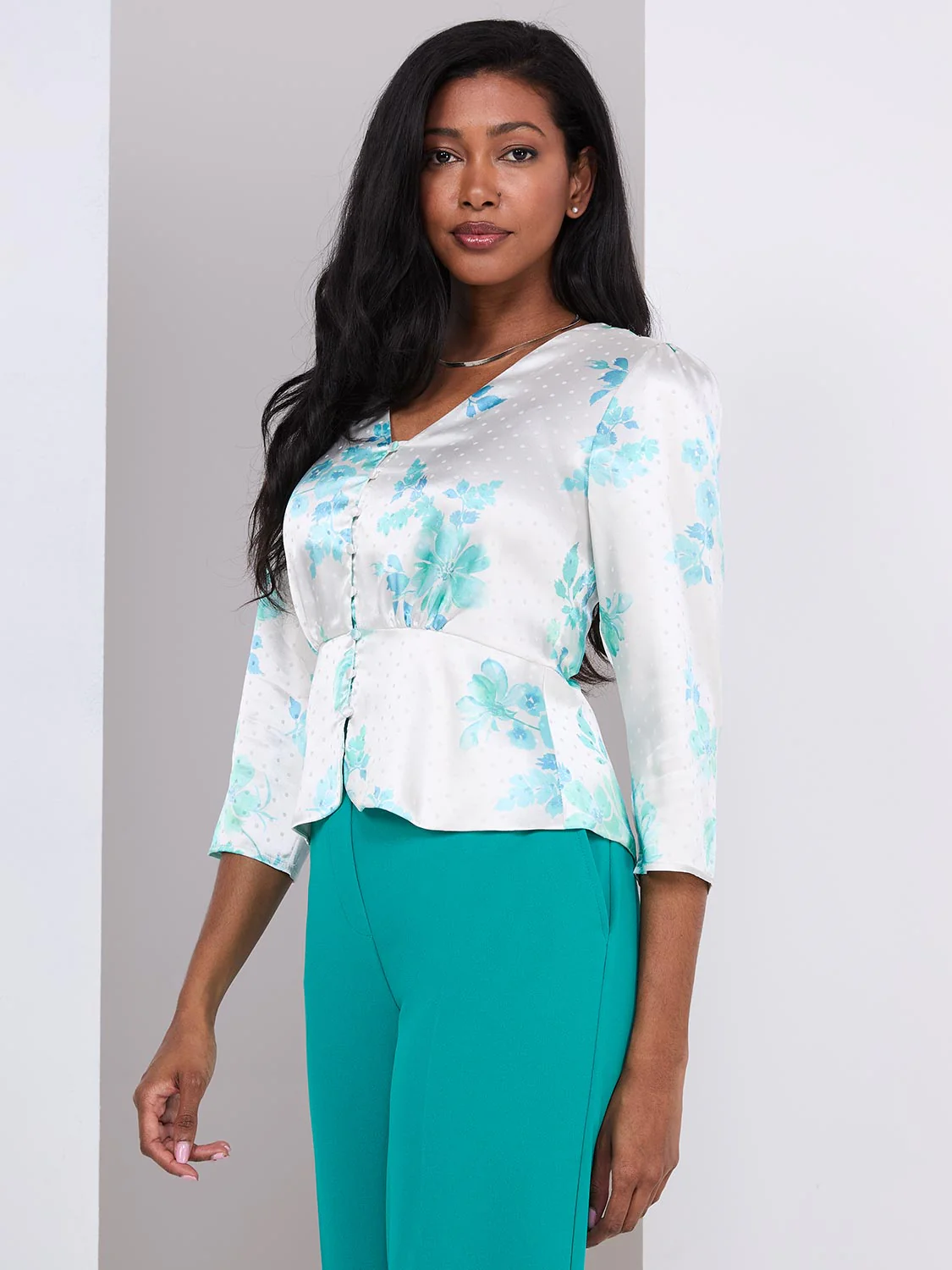 Floral Print Satin Button-Front Peplum Blouse