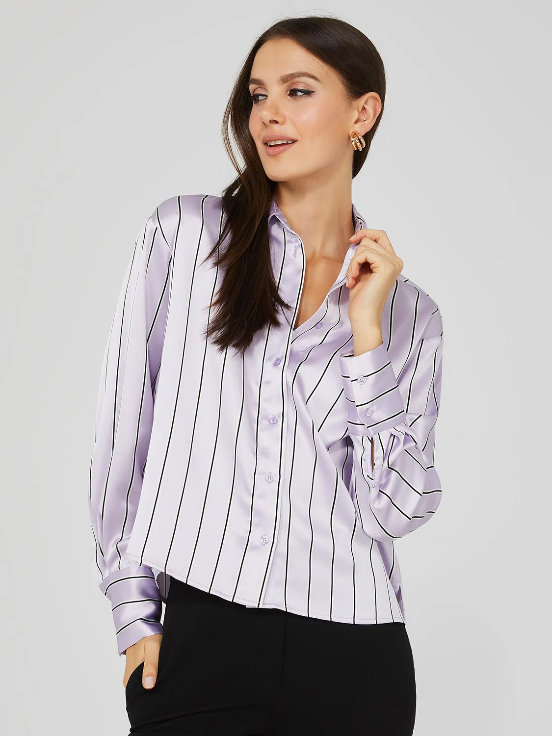 Waisted Striped Satin Button-Front Blouse