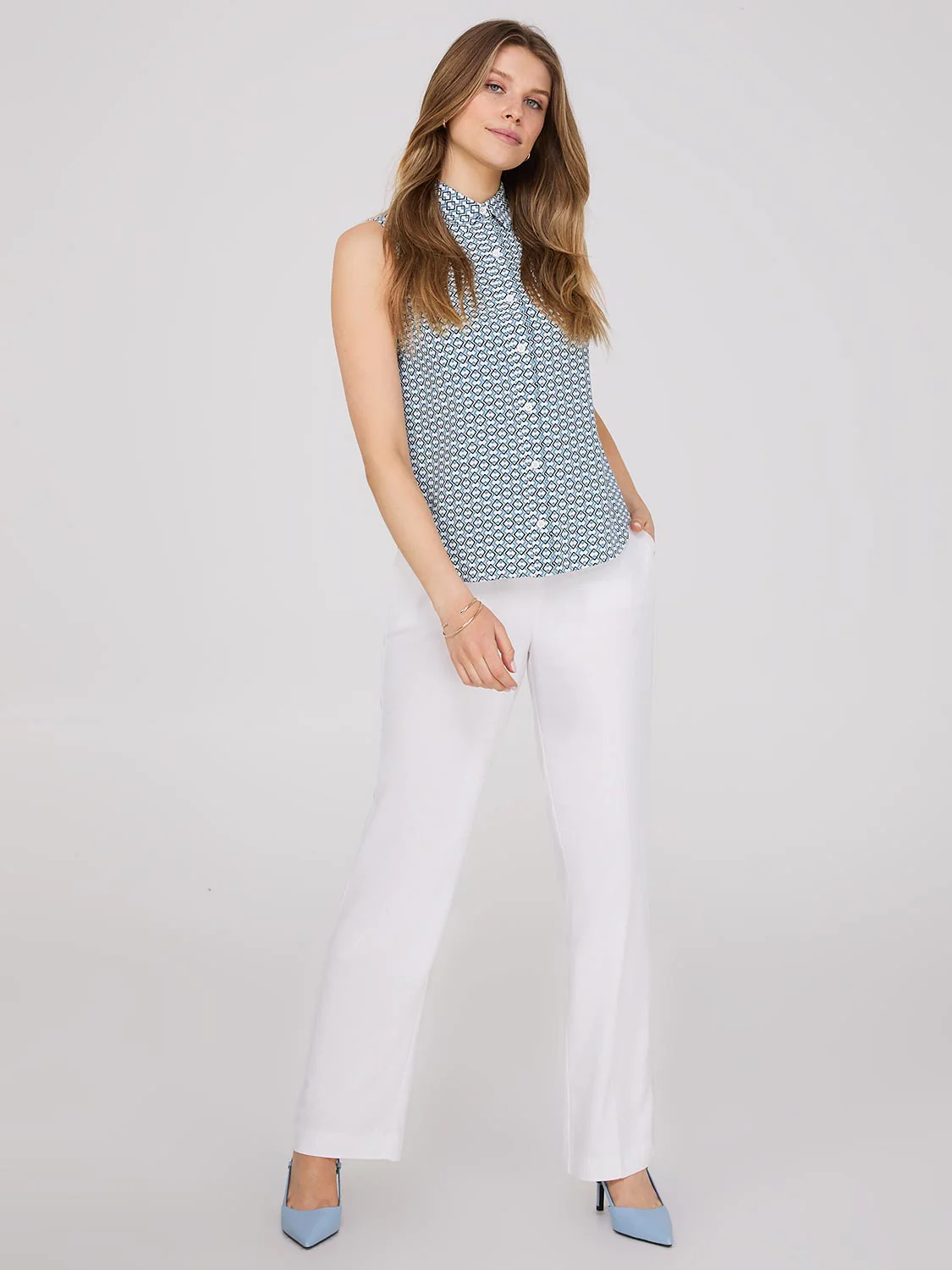 Sleeveless Print Button-Front Blouse