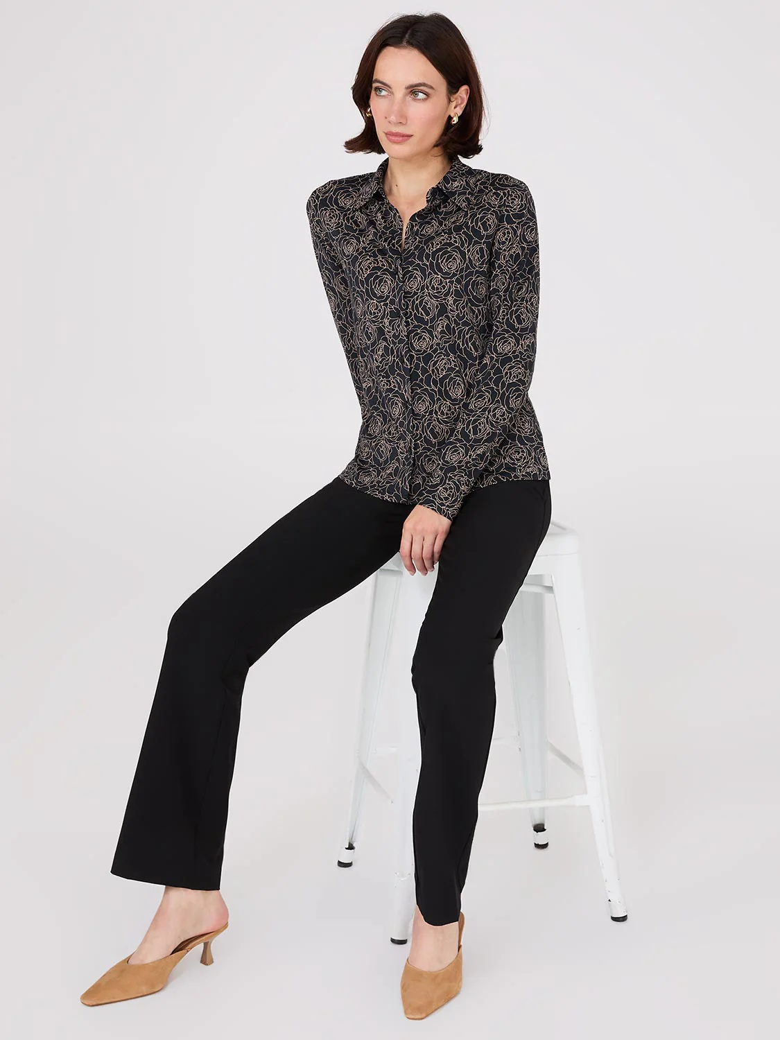 Floral Print Button-Front Classic Blouse