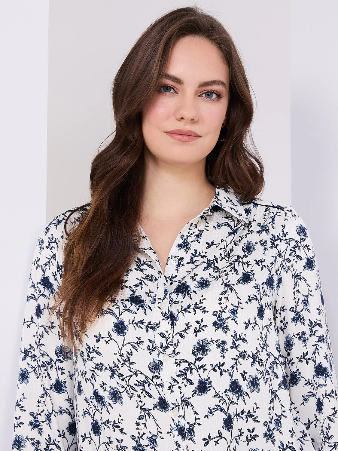 Textured Floral Print Button-Front Blouse