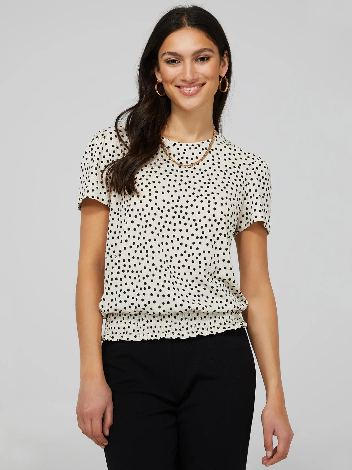 Polka Dot Textured T-Shirt With Smocked Bottom Band