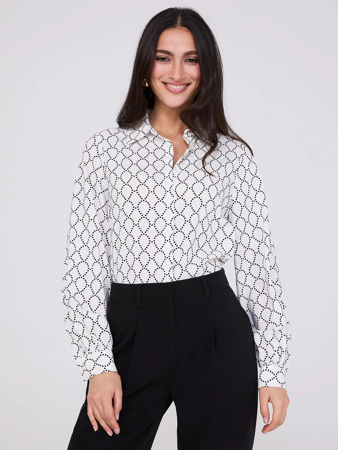 Silky Print Button-Front Blouse