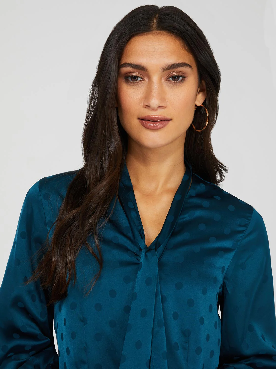 Polka Dot Button-Front Bow Blouse