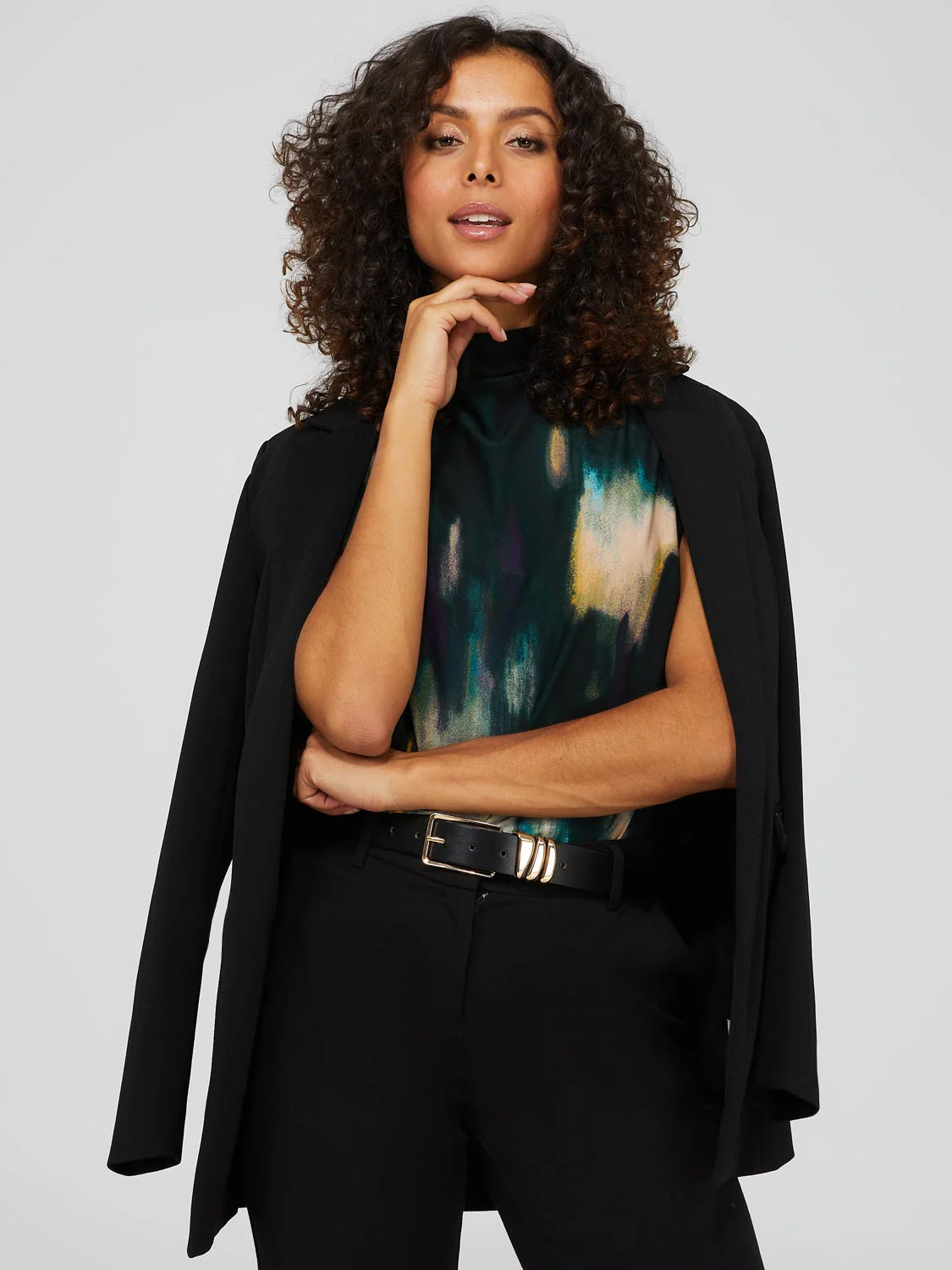 Short Dolman Sleeve Printed Funnel Neck Top