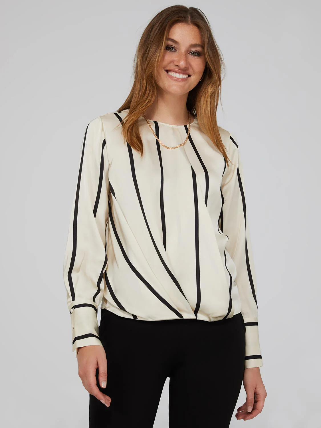 Striped Satin Crossover Blouse
