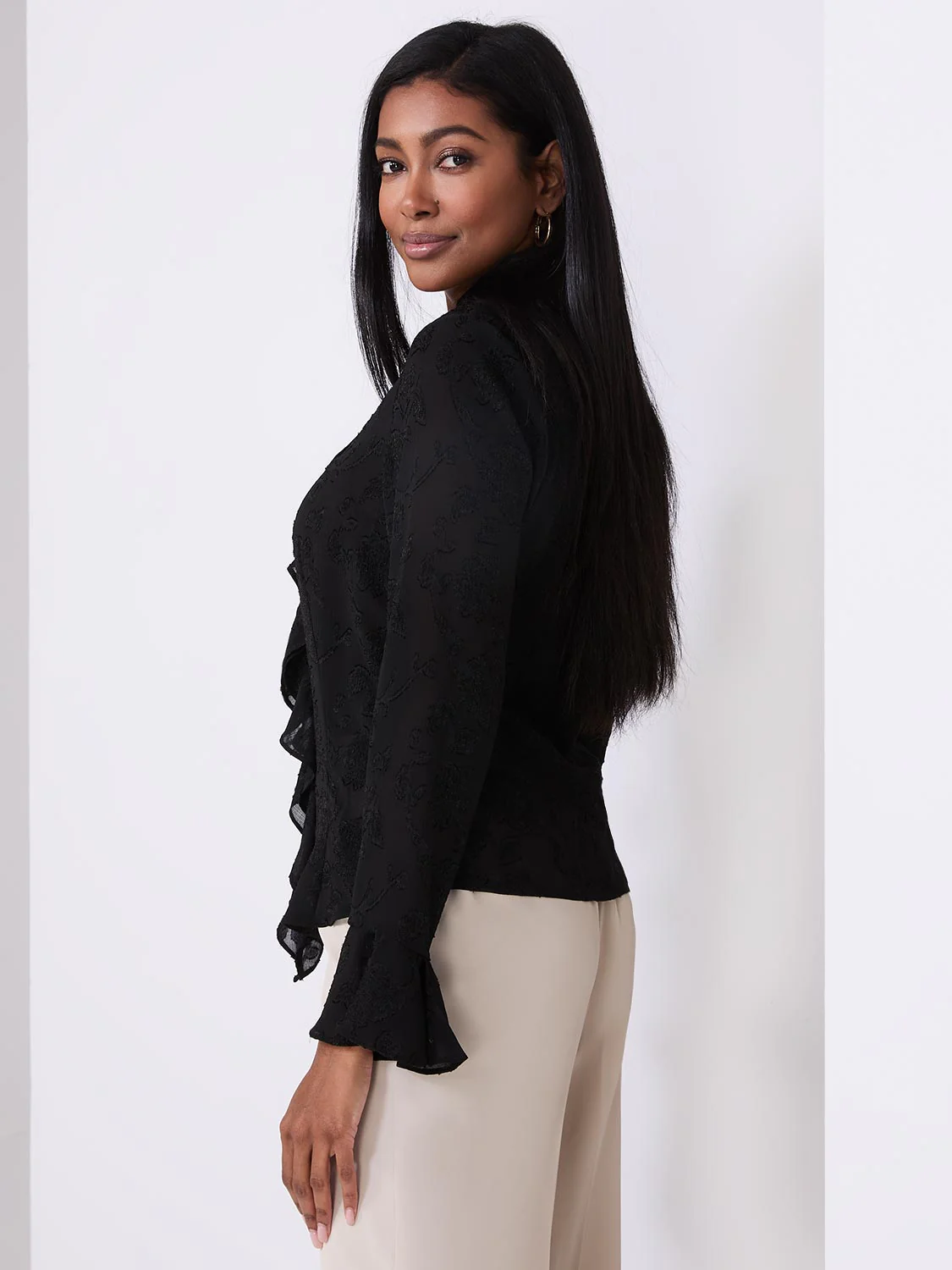 Textured Button-Front Blouse With Ruffle Details