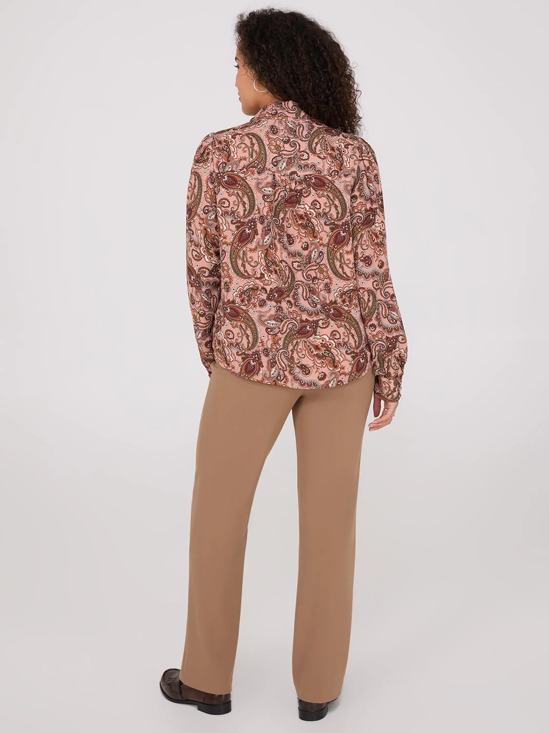 Paisley Print Button-Front Bow Blouse