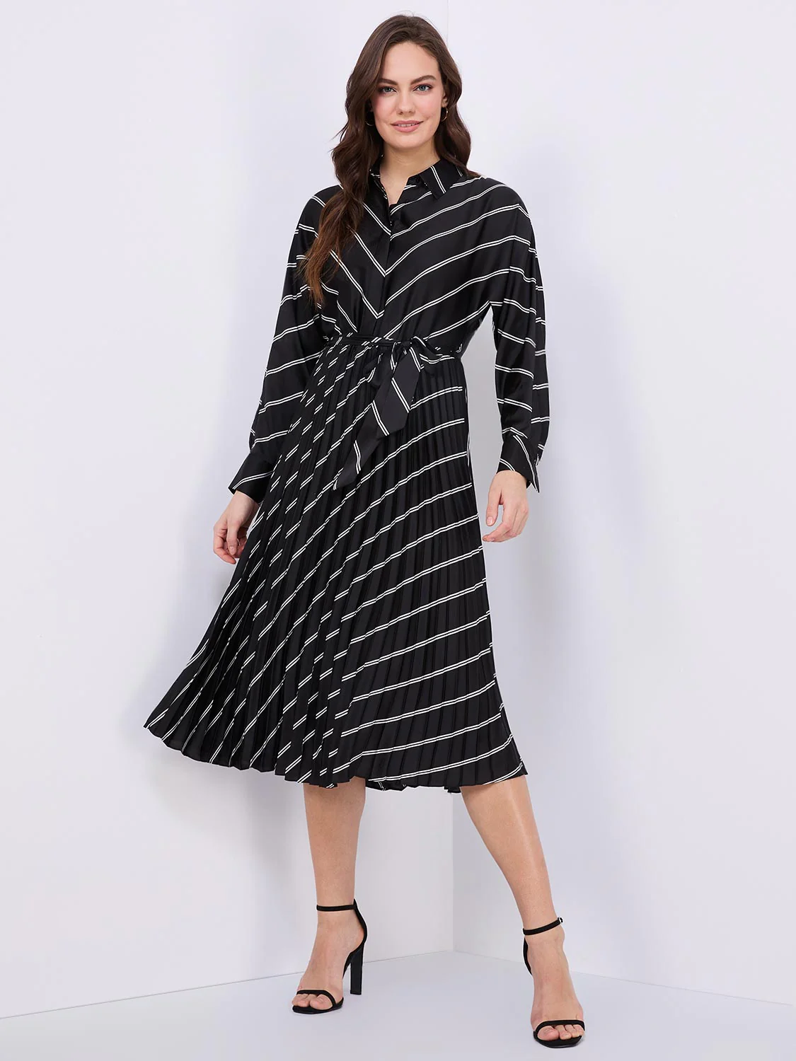 Striped Satin Button-Front Midi Dress