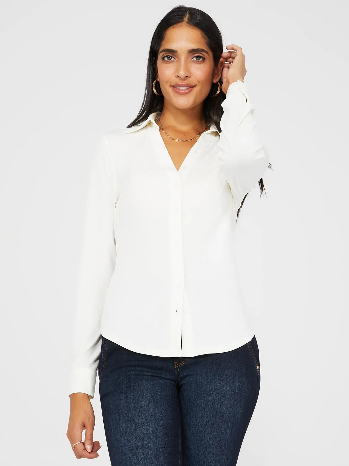 Split Neck Long Sleeve Button-Down Blouse