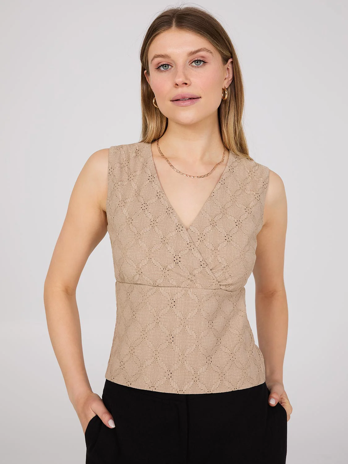 Sleeveless Crossover Front Eyelet Top