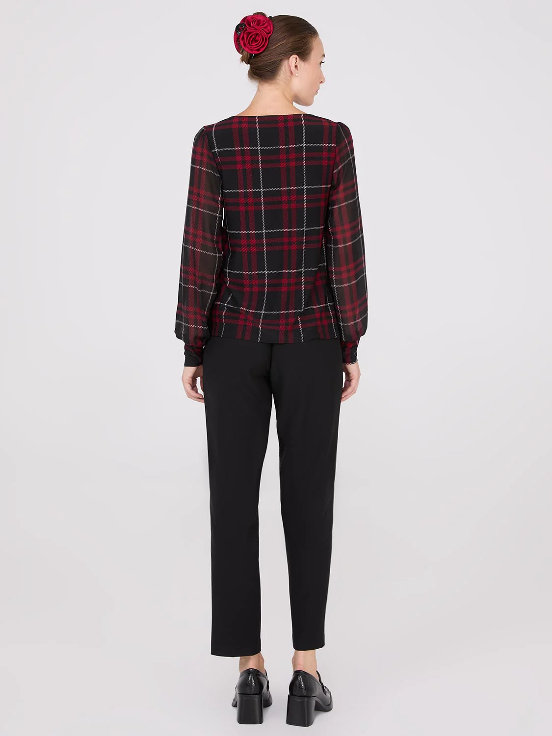 Plaid Long Chiffon Sleeve Boat Neck Top