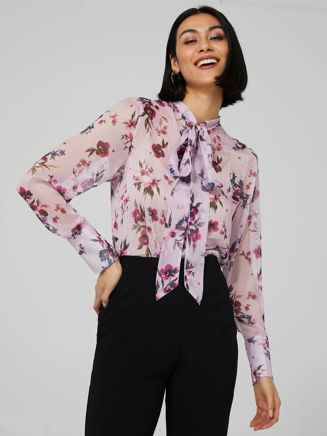 Printed Chiffon Blouse With Neck Tie