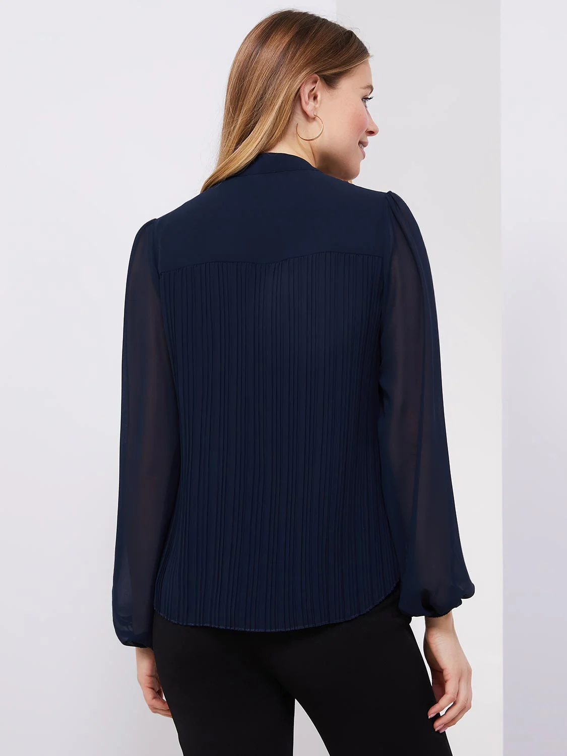 Pleated Chiffon Split Neck Popover Blouse