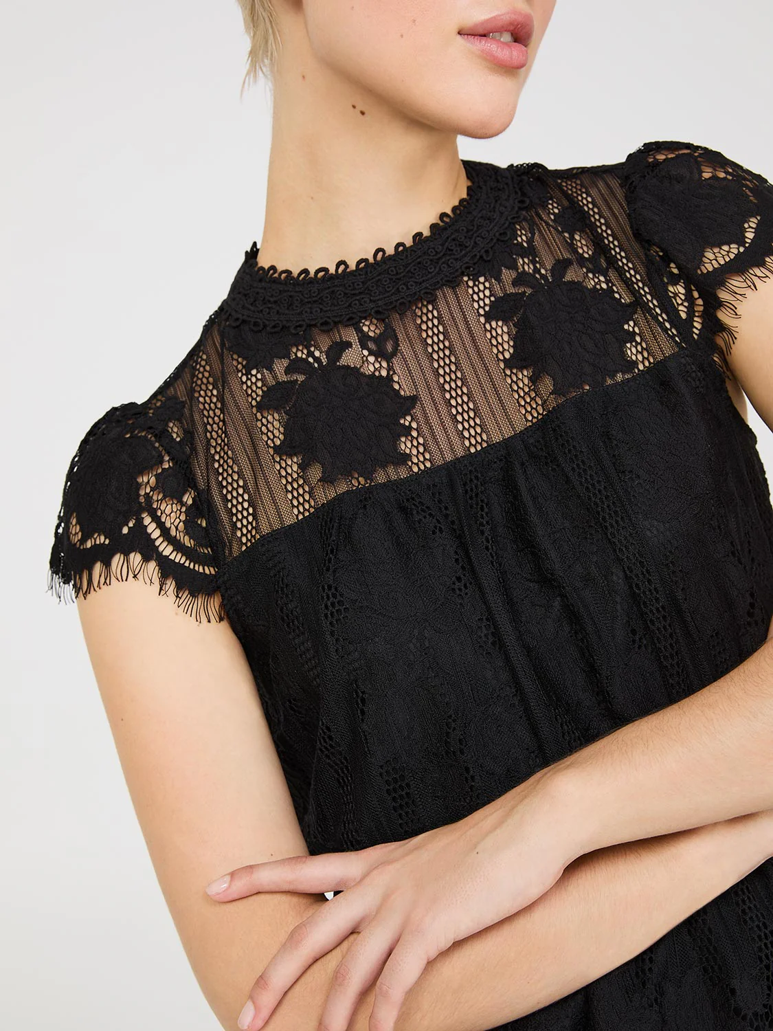 Lace Cap Sleeve Top With Crochet Detail