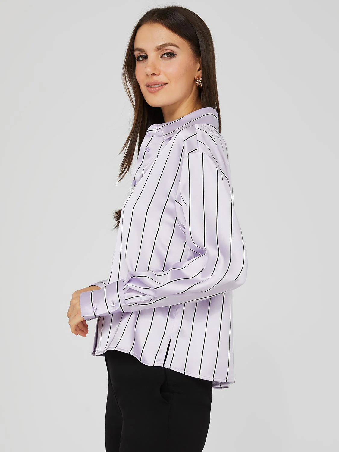 Waisted Striped Satin Button-Front Blouse