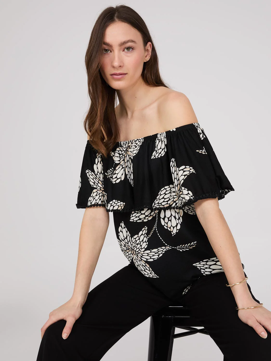 Floral Print Off-The-Shoulder Textured Top