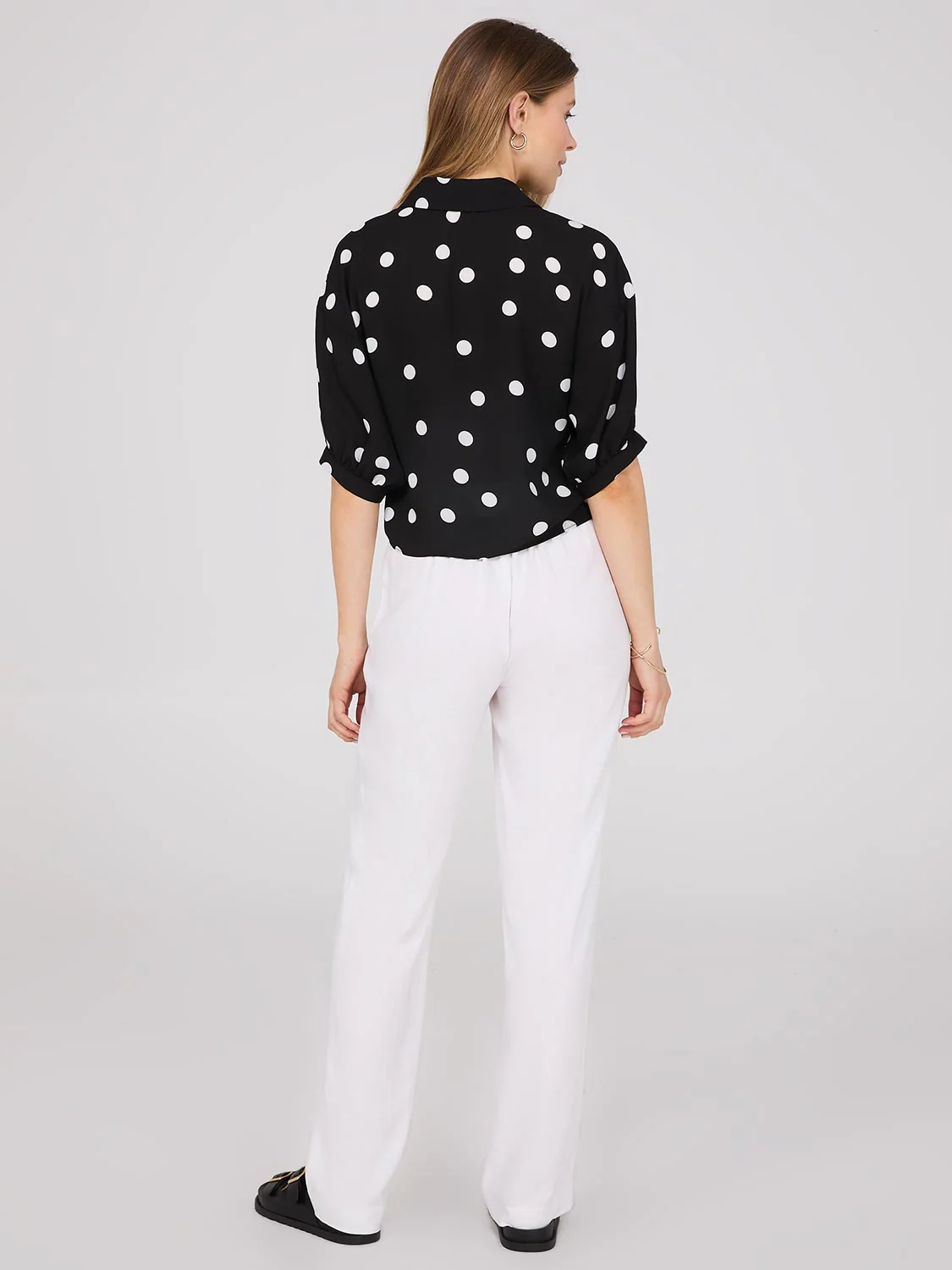 Polka Dot Button-Up Short Sleeve Blouse