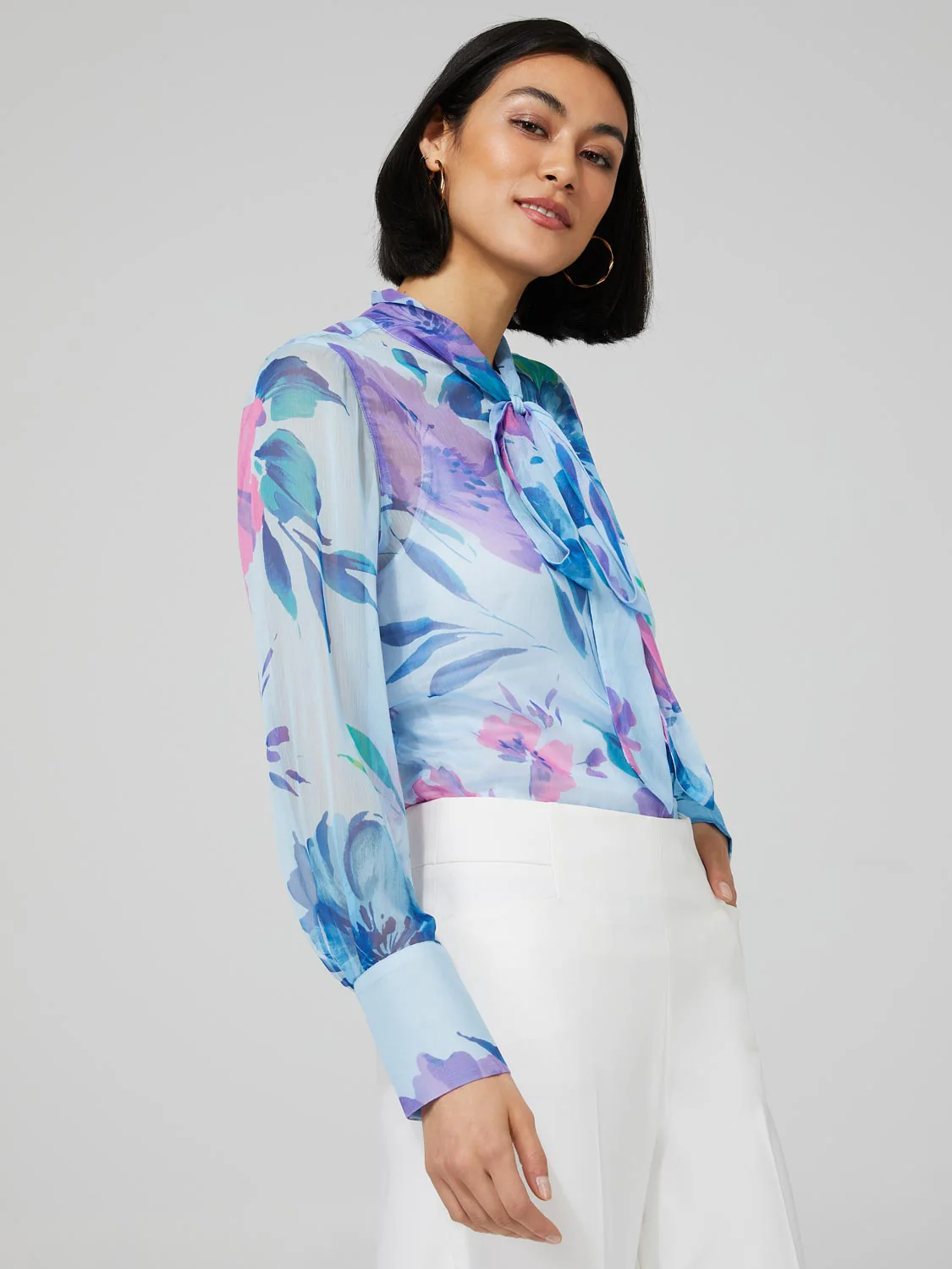 Floral Print Chiffon Blouse With Neck Tie
