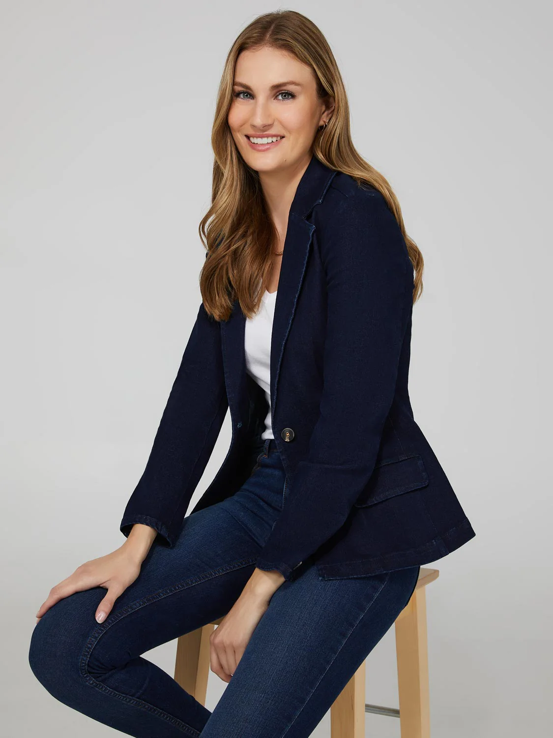 One-Button Denim Blazer With Flap Pockets