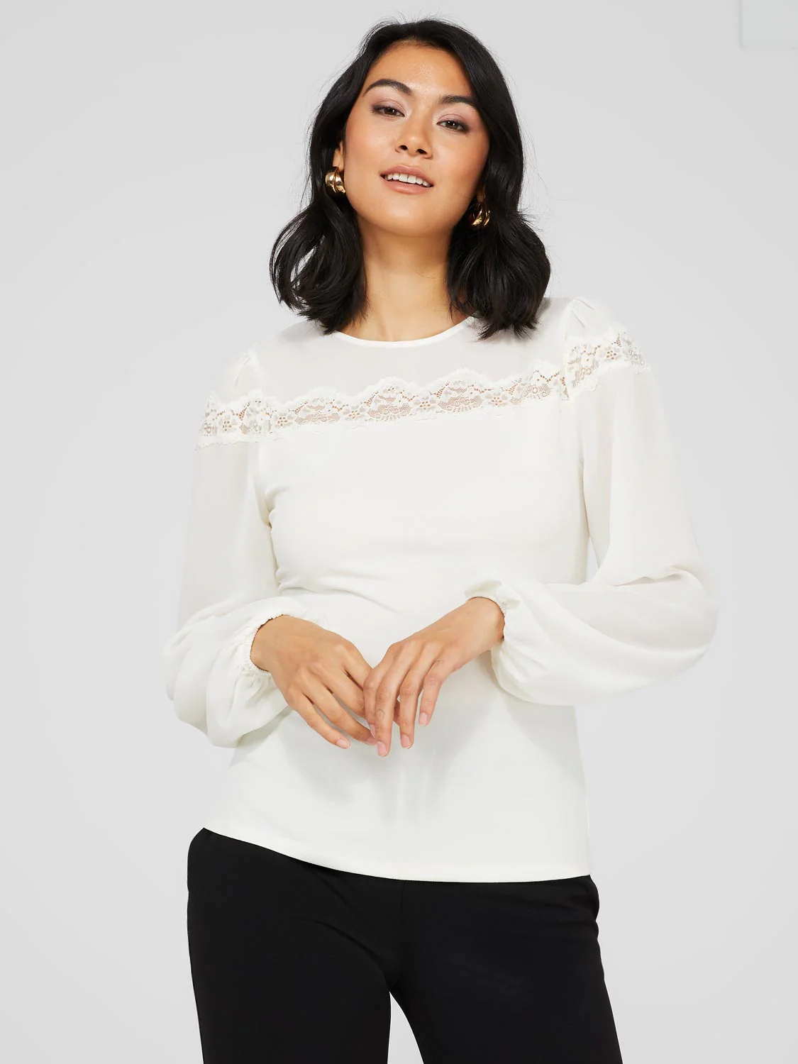 Long Balloon Sleeve Crew Neck Top