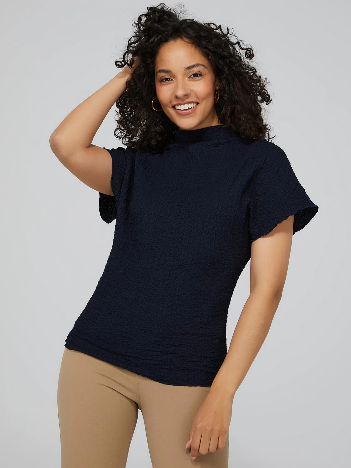 Textured Funnel Neck Short Sleeve Top