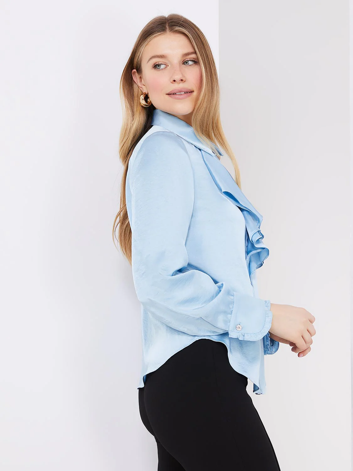 Button-Up Satin Blouse With Ruffle Front