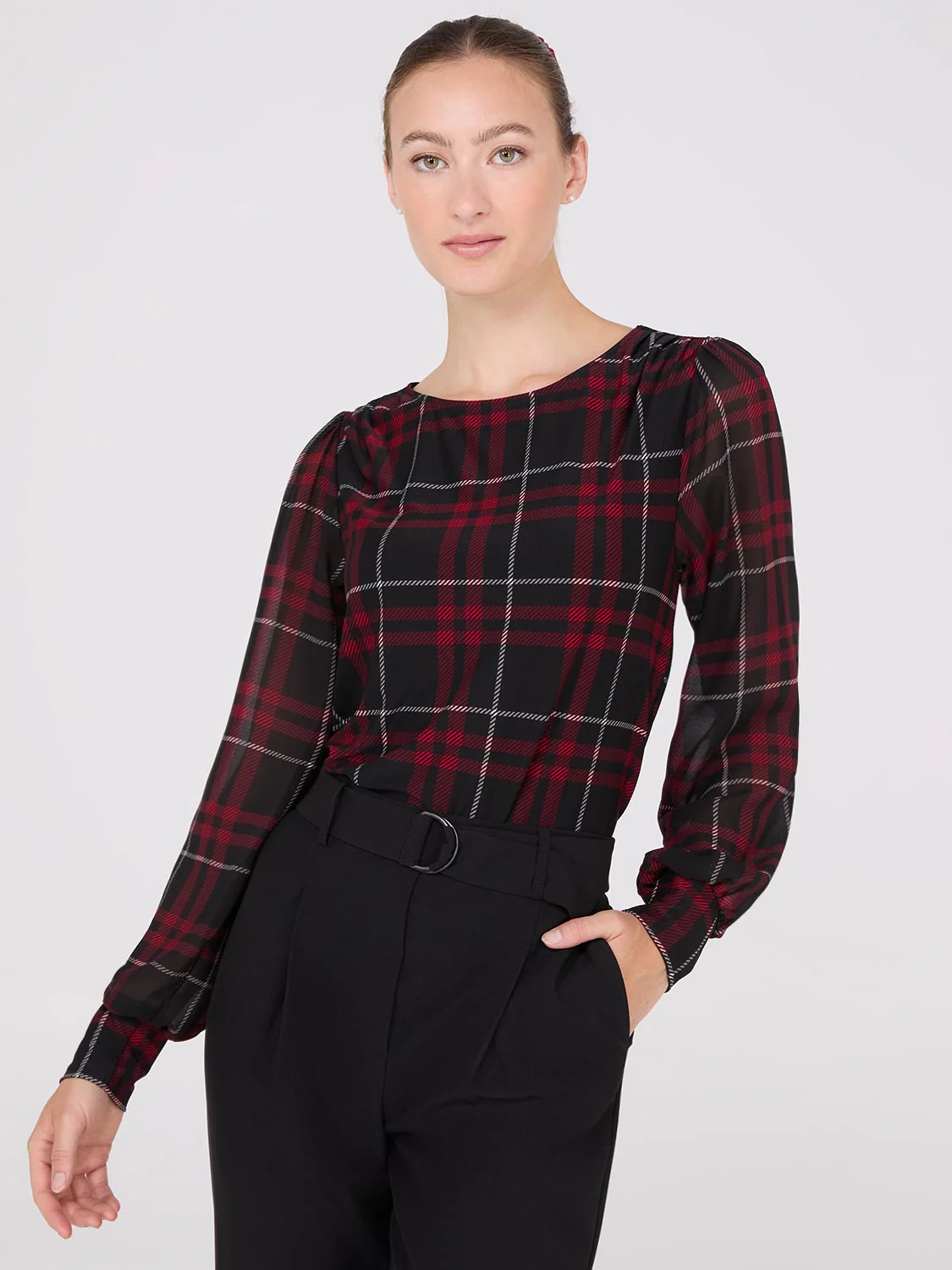 Plaid Long Chiffon Sleeve Boat Neck Top