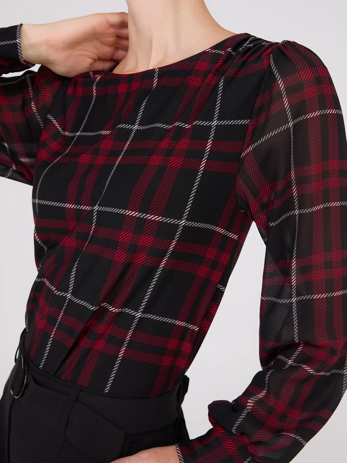 Plaid Long Chiffon Sleeve Boat Neck Top