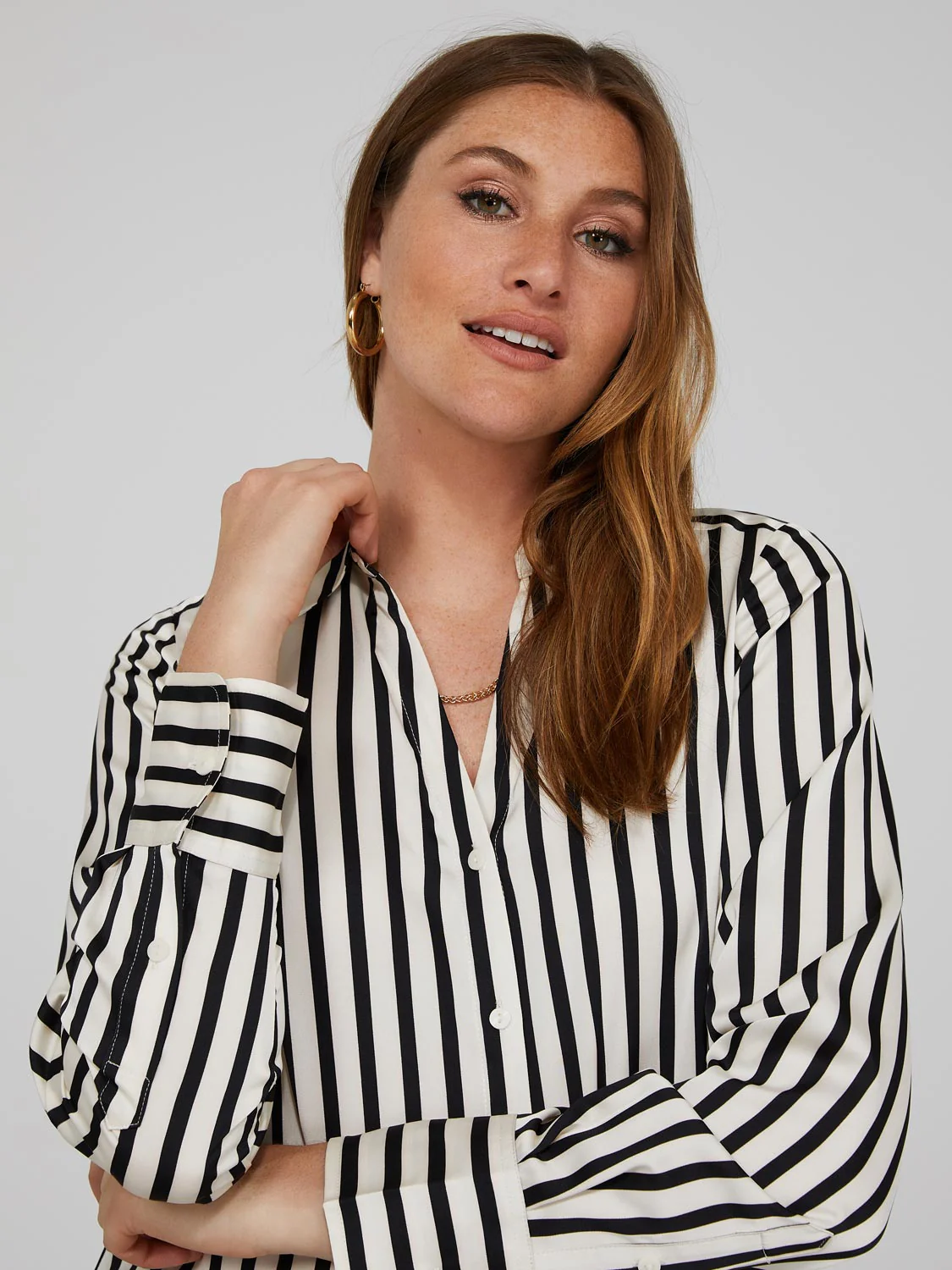 Striped Satin Split Neck Button-Front Blouse