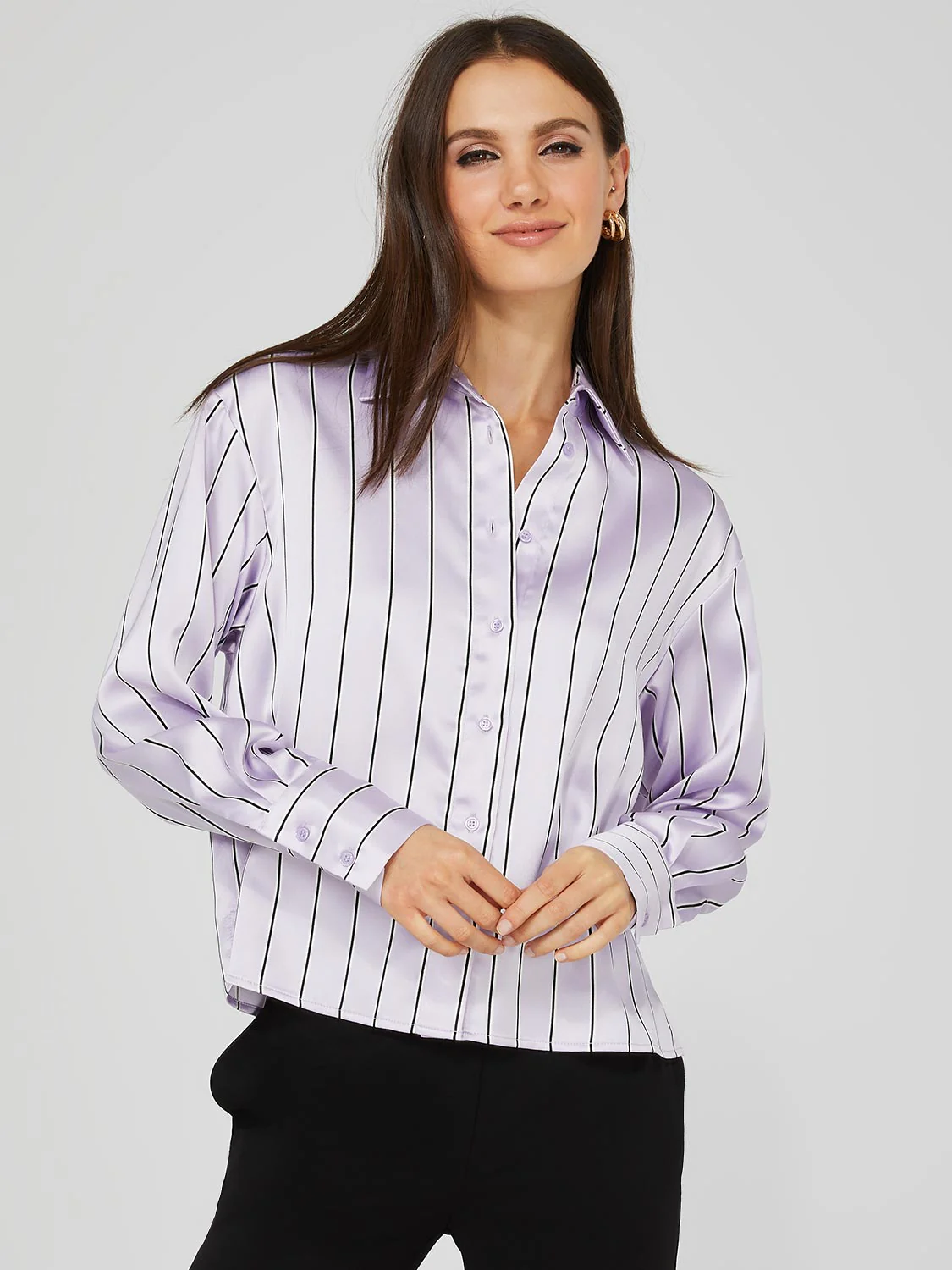 Waisted Striped Satin Button-Front Blouse