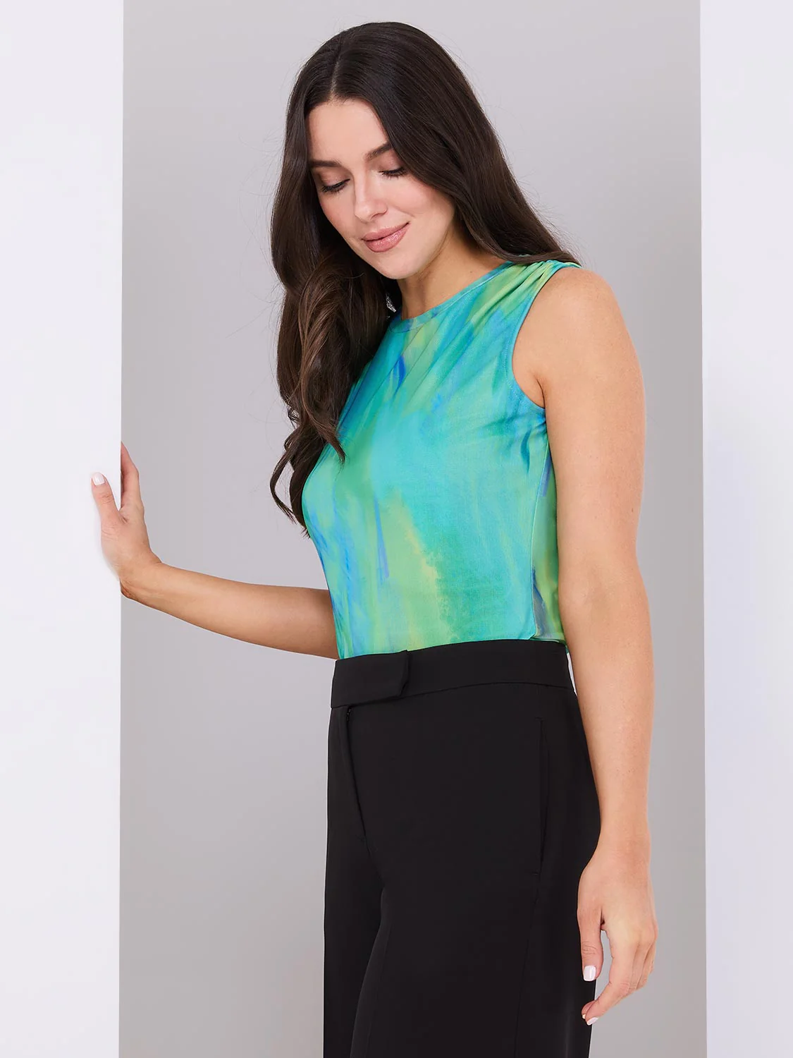 Sleeveless Abstract Print Mesh Top