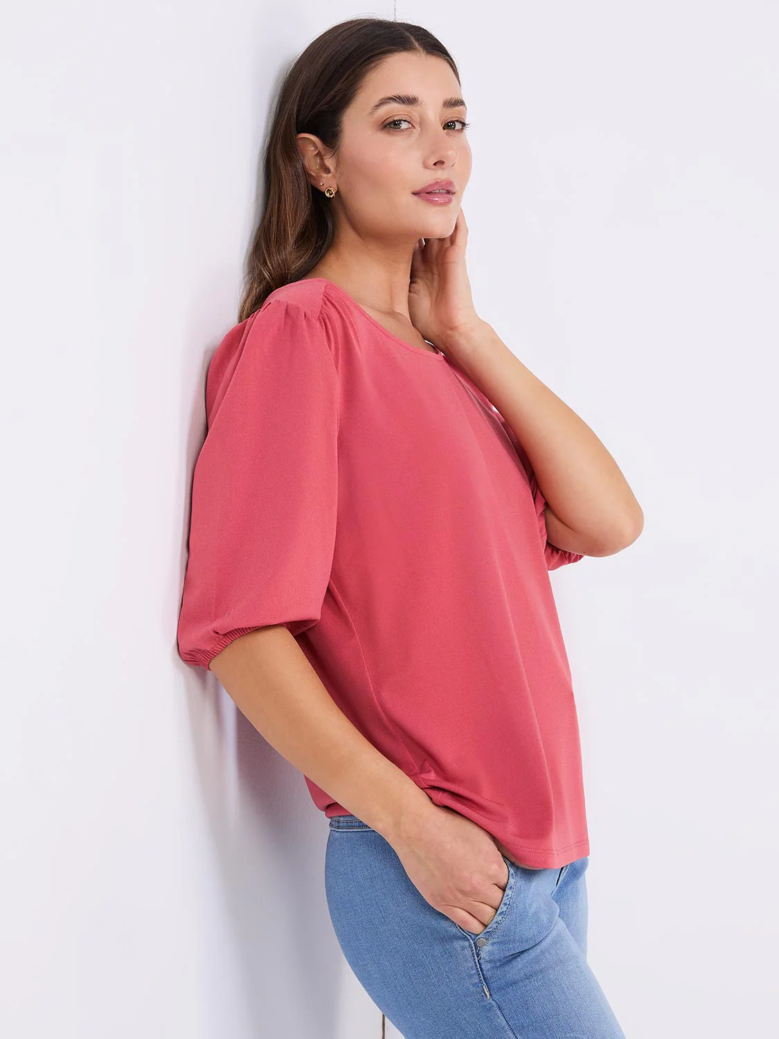 Textured Crepe Balloon Sleeve Top