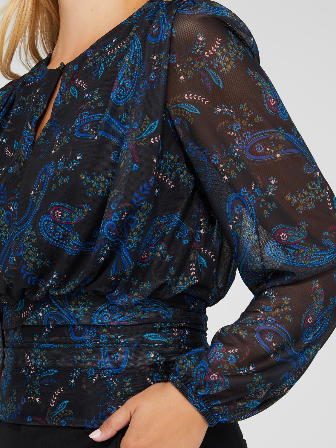 Paisley Print Mesh Top With Pleated Bottom Band