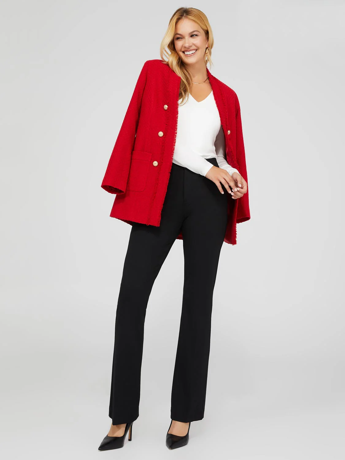 Long Open Boucle Blazer With Fringe Lapels