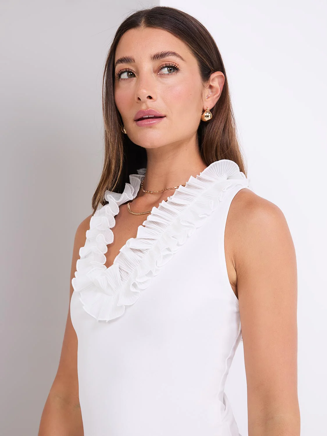 Sleeveless Ruffle V-Neck Scuba Bodysuit