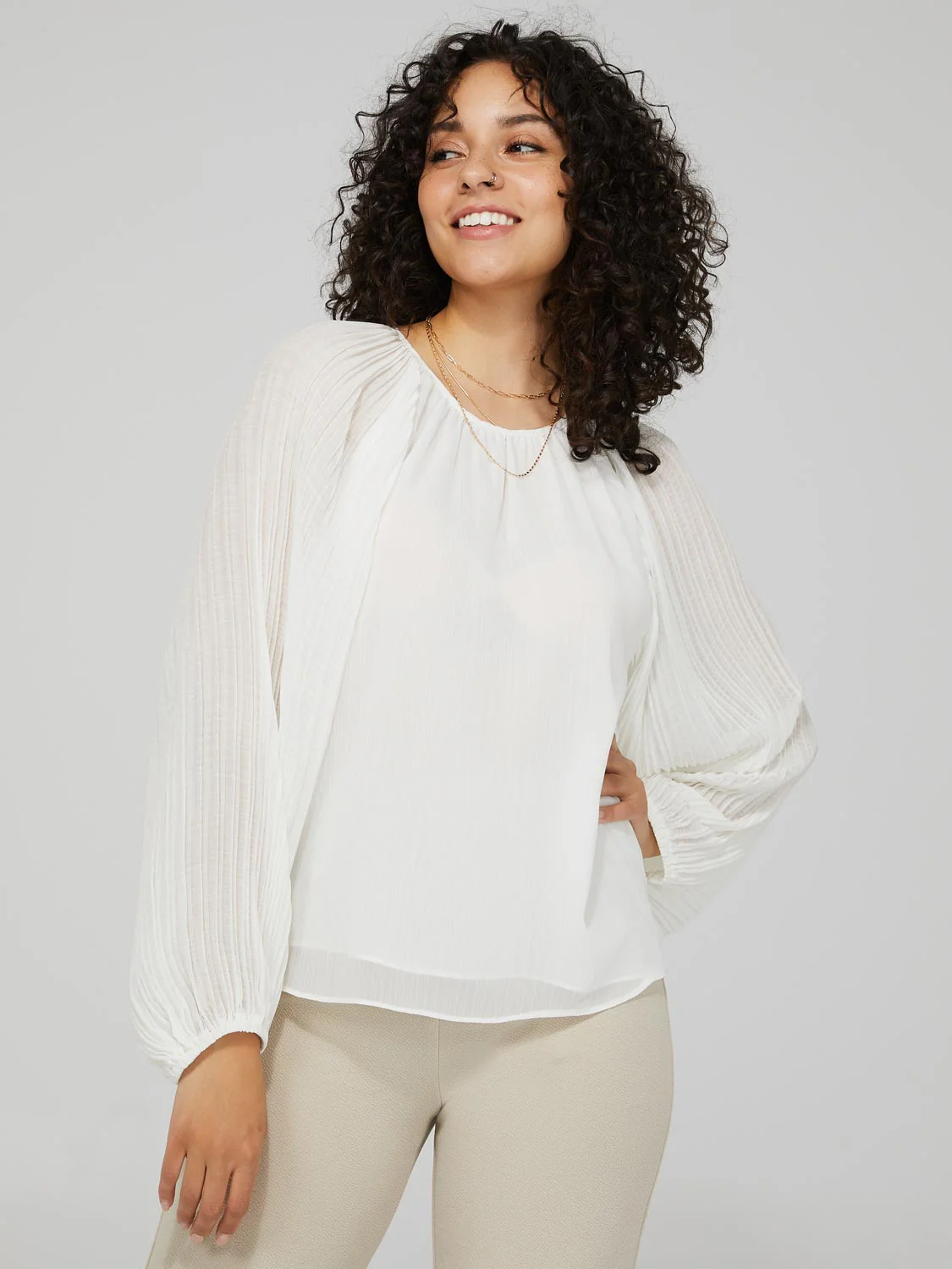 Plisse Chiffon Top With Pleated Balloon Sleeves