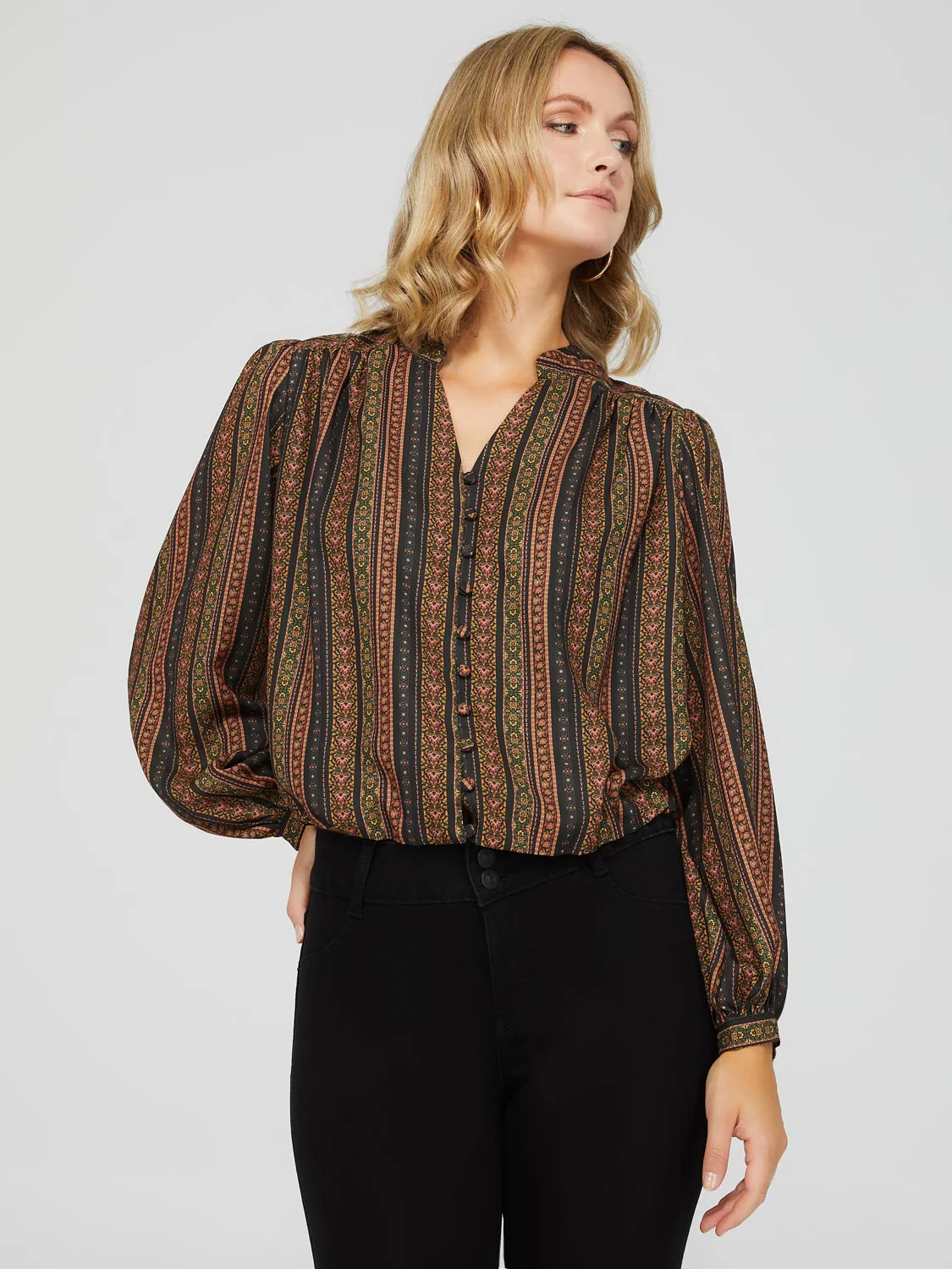 Ribbon Print Button-Front Blouse