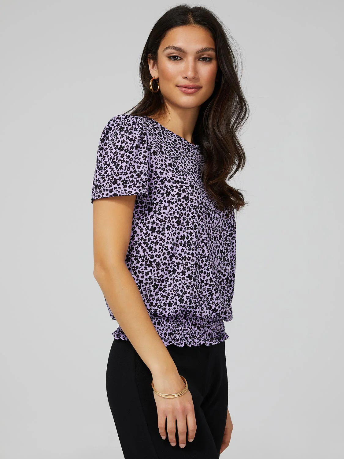 Printed Textured T-Shirt With Smocked Bottom Band