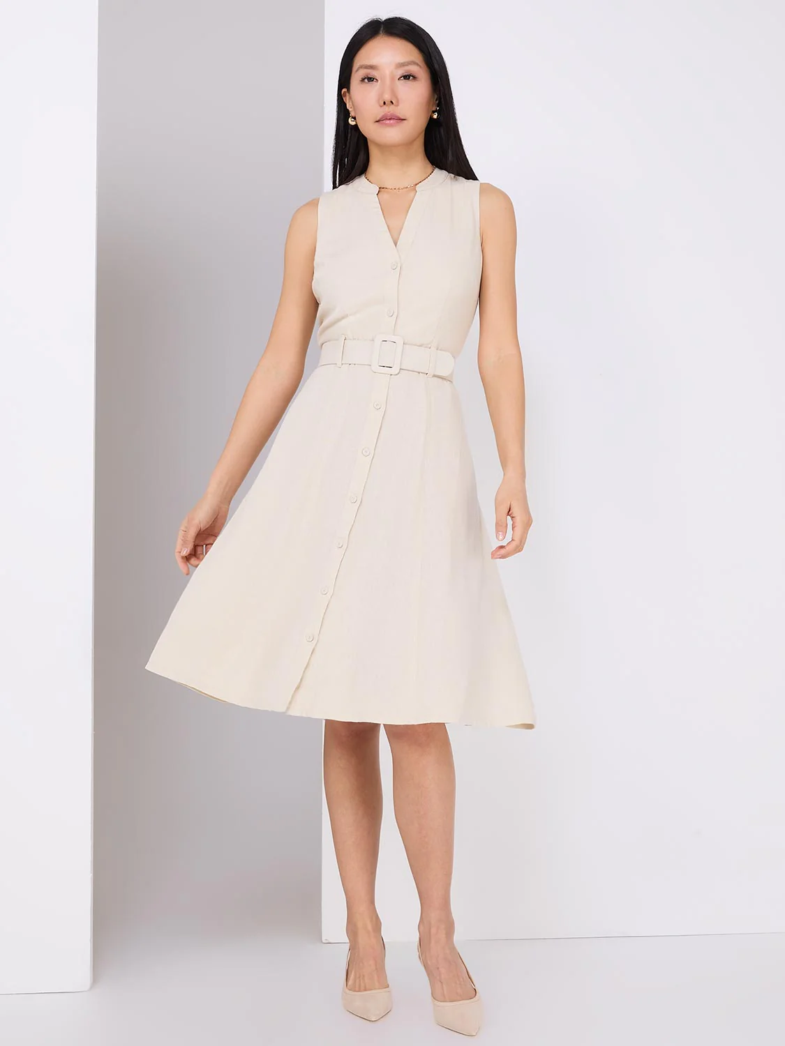 Linen Split Neck Belted Fit & Flare Dress