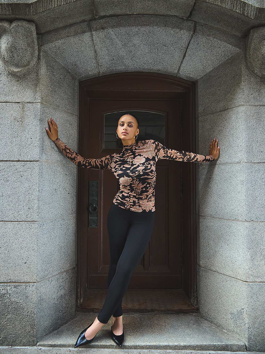 Abstract Print Mock Neck Mesh Top