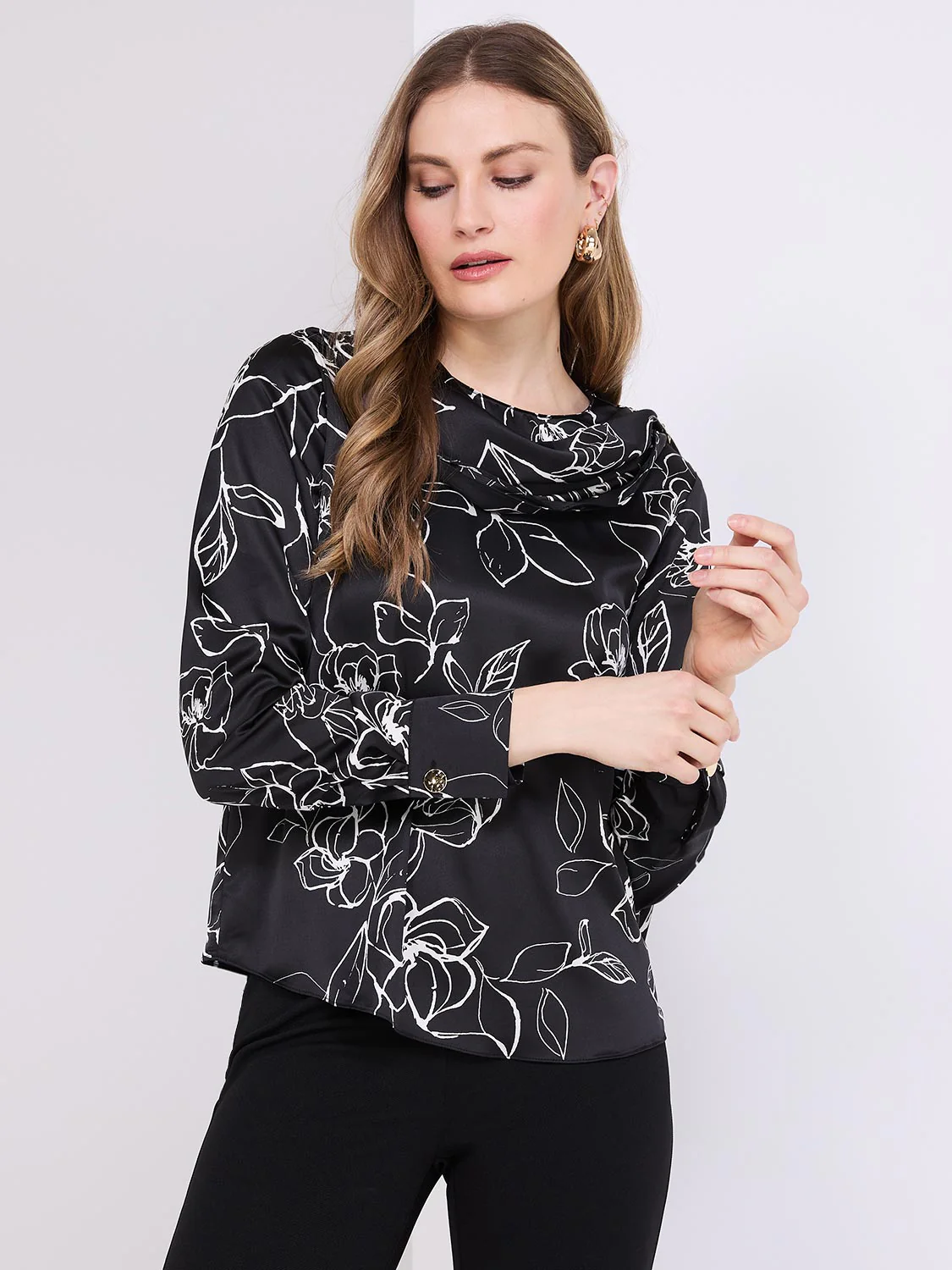 Printed Satin Shawl Top With Gold Chain Detail