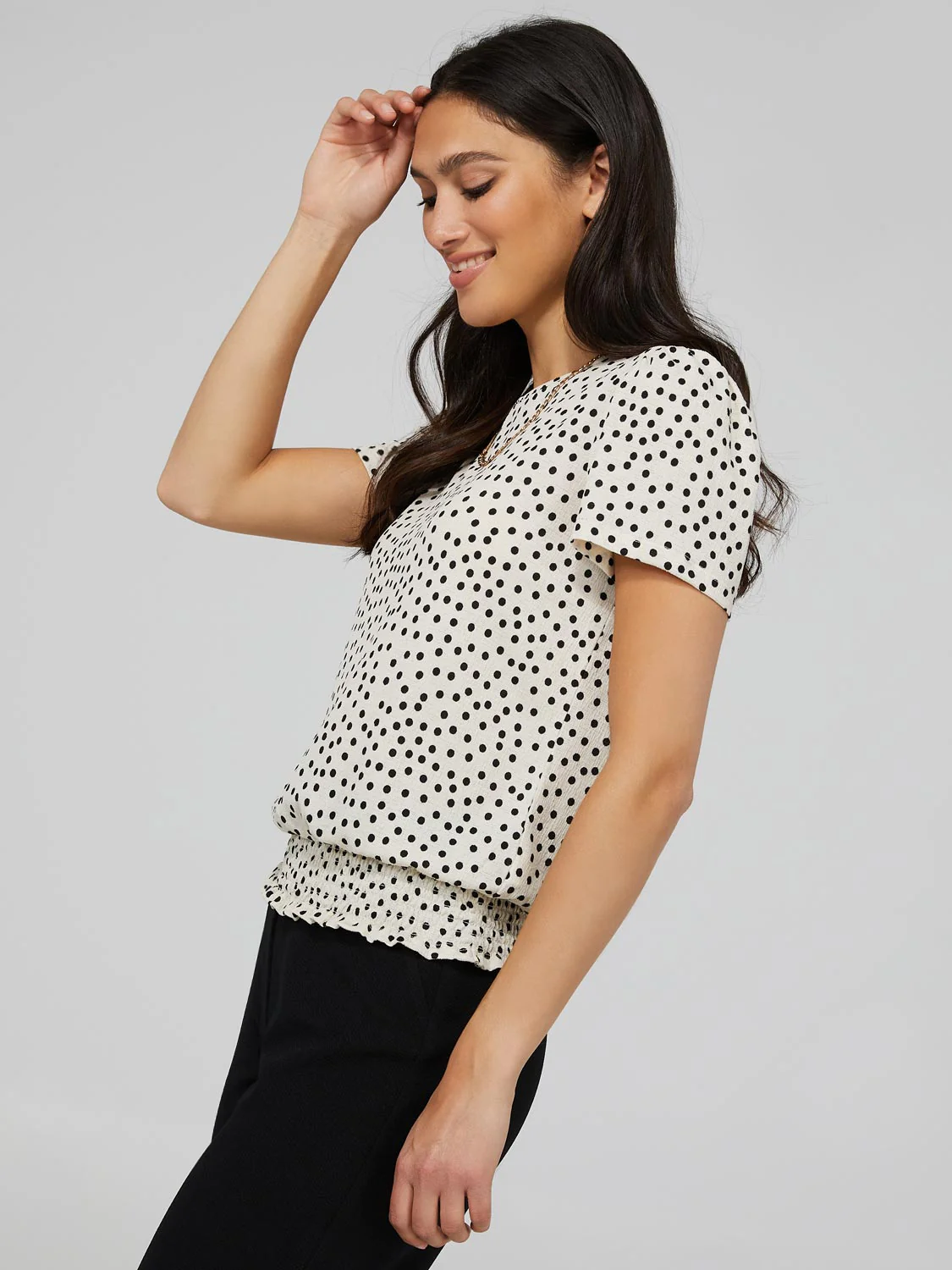 Polka Dot Textured T-Shirt With Smocked Bottom Band