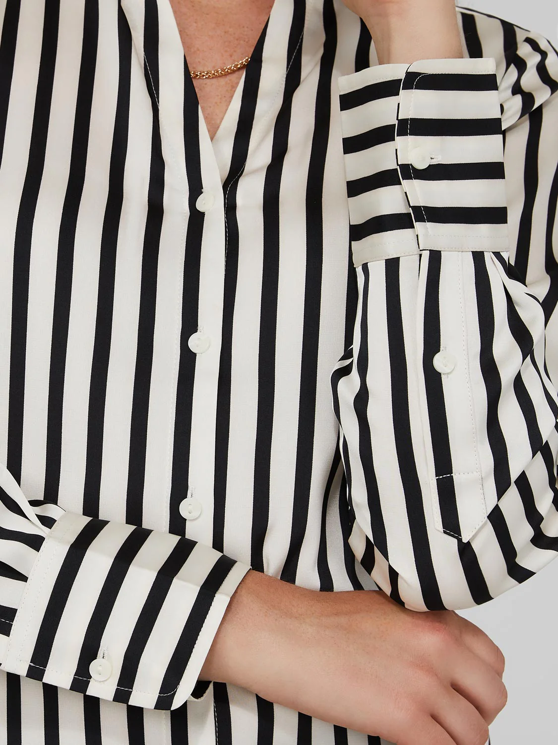 Striped Satin Split Neck Button-Front Blouse
