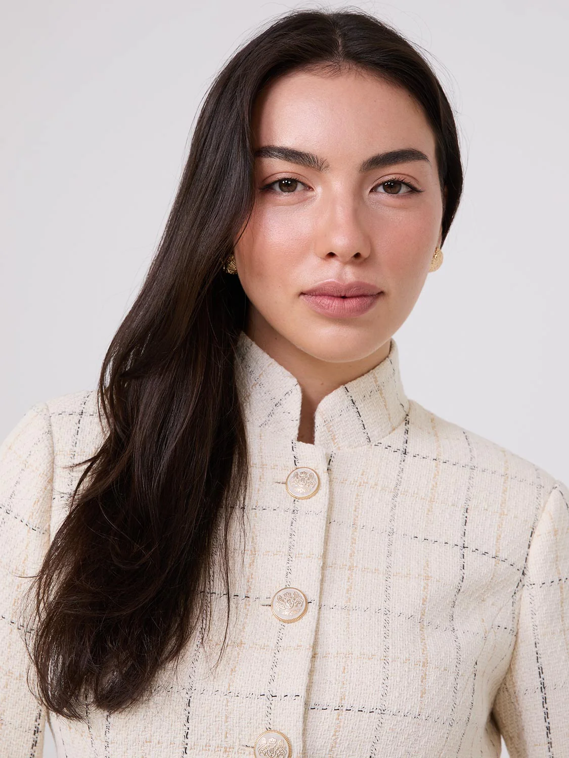 Boucle Button-Front Blazer With Mandarin Collar